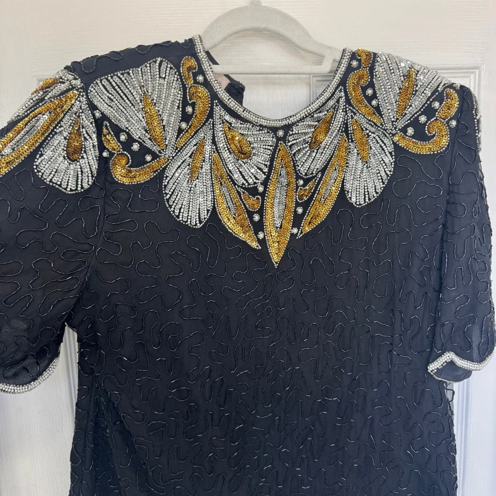 Vintage Lawrence Kazar Silk Women's XL Beaded Short Sleeve Shirt Shoulder Pads
